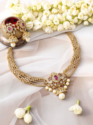 White Studded Pearl Gold Toned Necklace Set