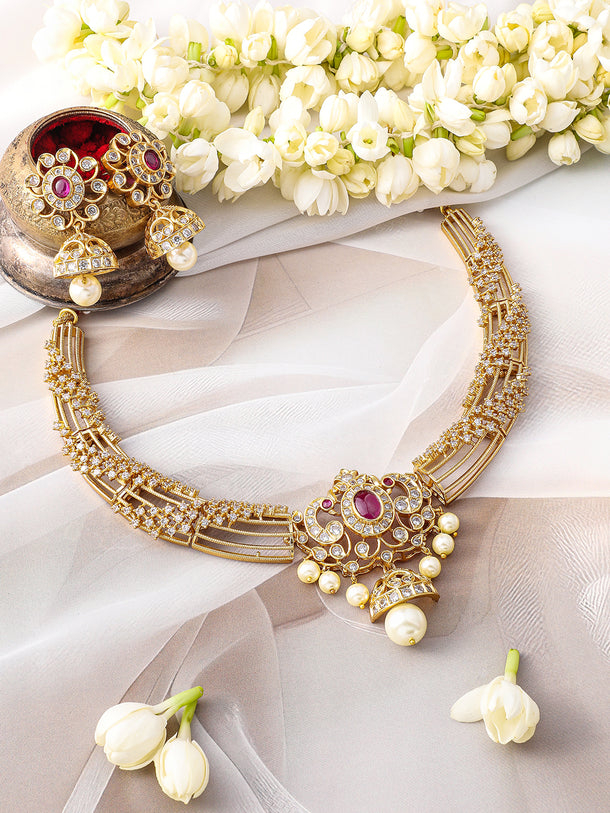 White Studded Pearl Gold Toned Necklace Set