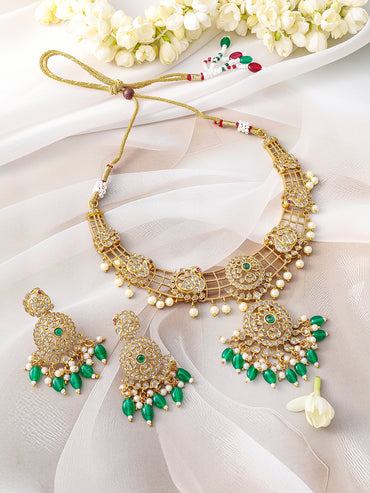 American Diamond Zirconia Green & Pearl Beaded Necklace Set
