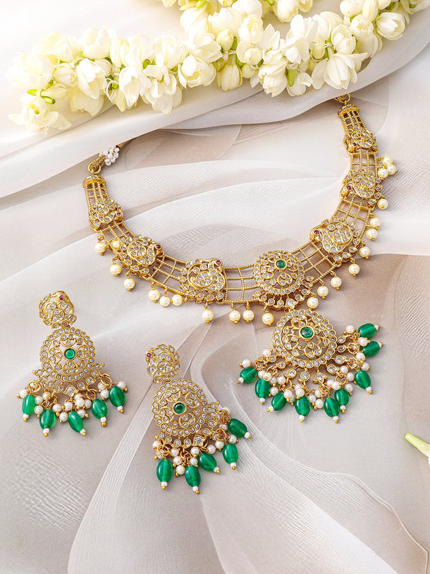 American Diamond Zirconia Green & Pearl Beaded Necklace Set