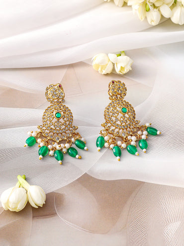 American Diamond Zirconia Green & Pearl Beaded Necklace Set