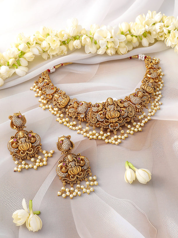 American Diamond Zirconia Pearl Drop Temple Necklace Set