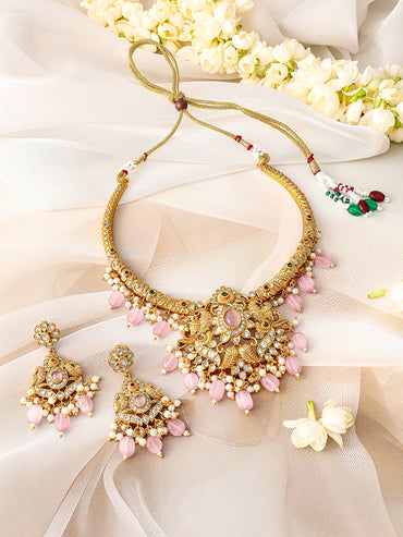 Multicolor Pink Beads Golden Necklace Set