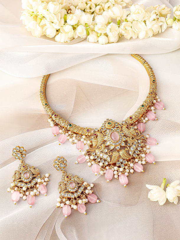Multicolor Pink Beads Golden Necklace Set