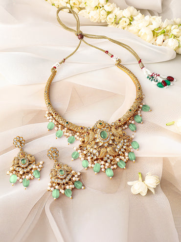 White Studded Mint Beaded Pearl Necklace Set