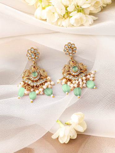 White Studded Mint Beaded Pearl Necklace Set