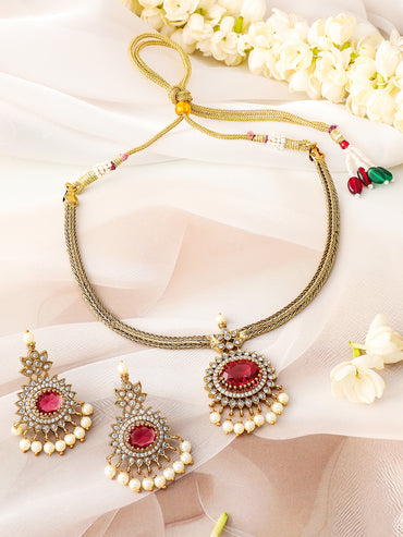 American Diamond Zirconia Ruby pearl Necklace Set