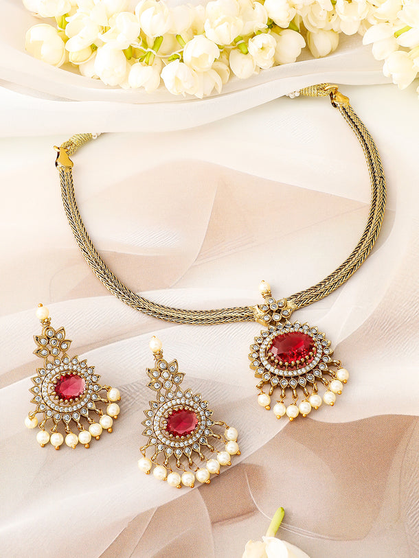 American Diamond Zirconia Ruby pearl Necklace Set