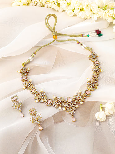 Pink American Diamond Zirconia Pearl Necklace Set