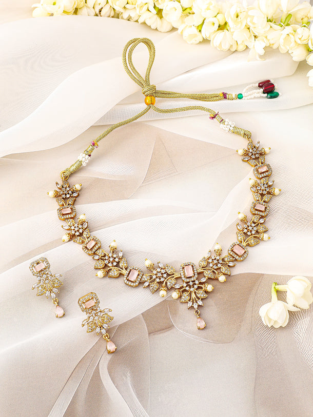 Pink American Diamond Zirconia Pearl Necklace Set