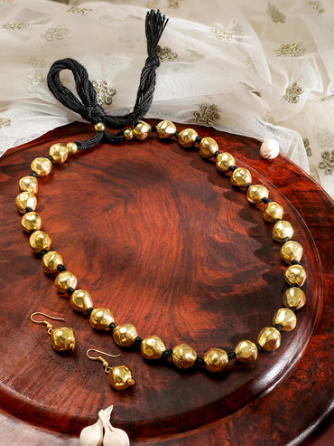 Oxidized Golden Beaded Long Necklace Set