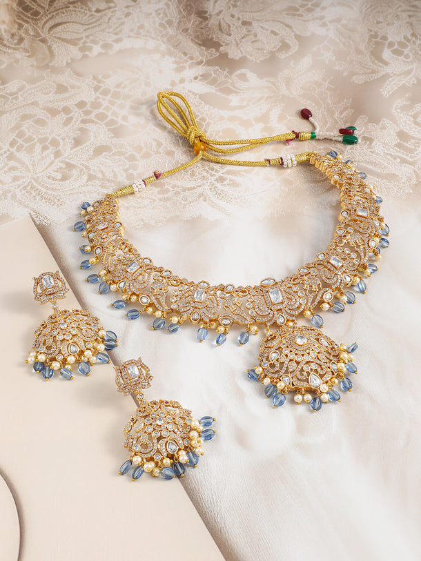American Diamond Zirconia Blue Pearl Drops Necklace Set