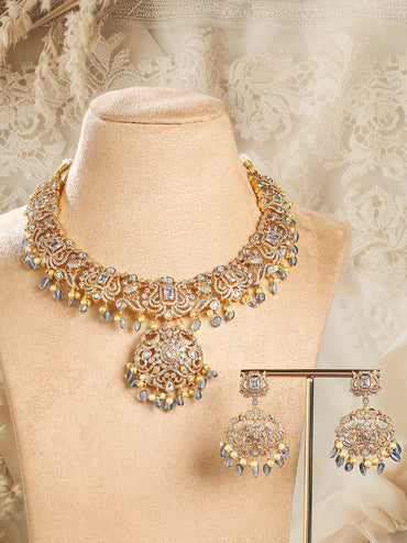 American Diamond Zirconia Blue Pearl Drops Necklace Set