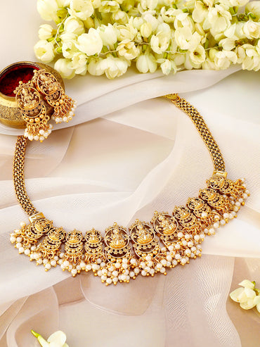 Laxmi Motif Golden Necklace Set with Pearl Drops