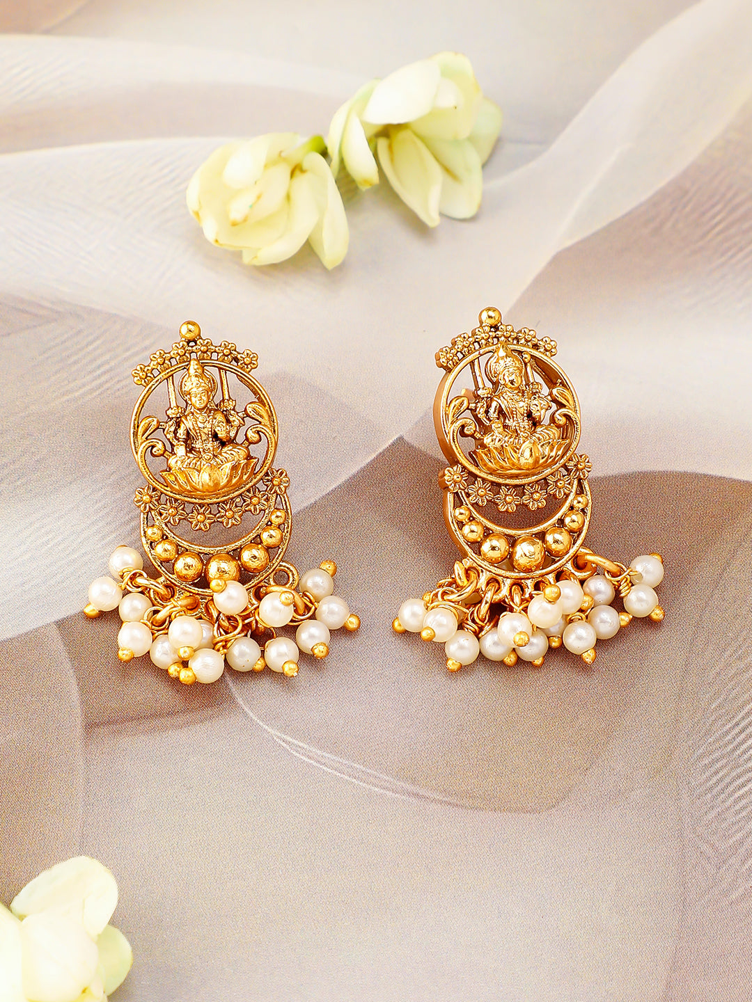 Laxmi Motif Golden Necklace Set with Pearl Drops