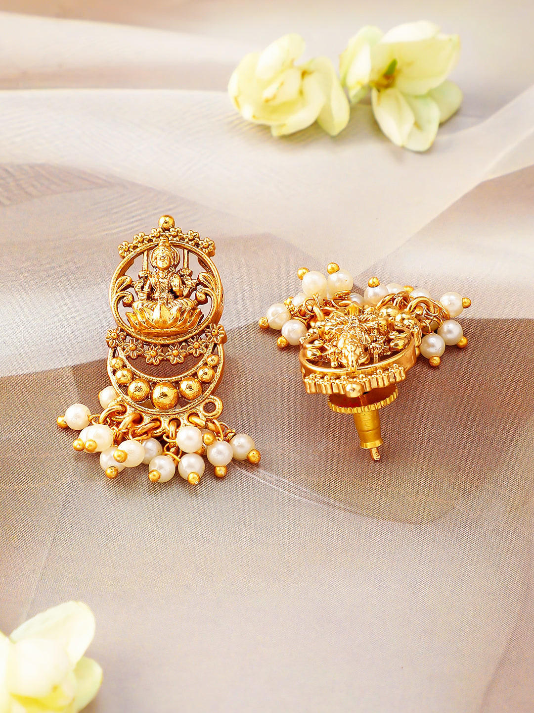 Laxmi Motif Golden Necklace Set with Pearl Drops