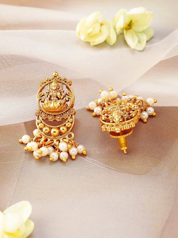Laxmi Motif Golden Necklace Set with Pearl Drops