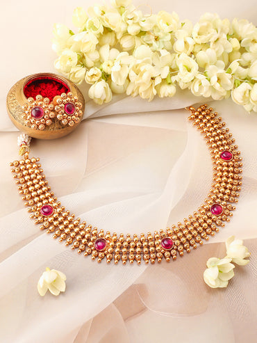 Ruby Studded Traditional Golden Necklace Set
