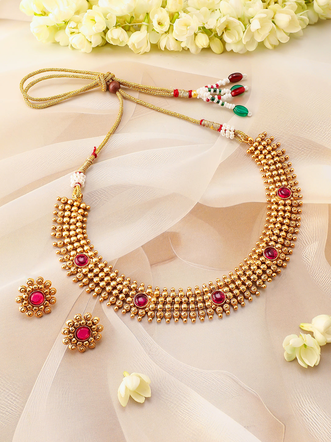 Ruby Studded Traditional Golden Necklace Set