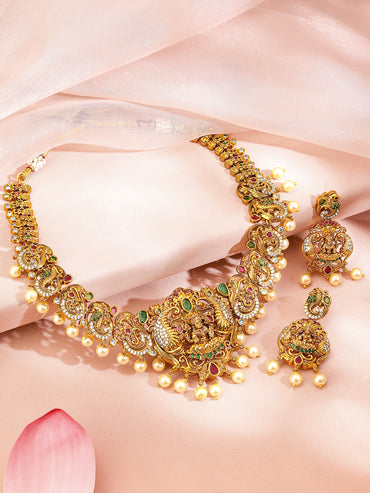 Multicolour Beaded Laxmi Motif Pearl Necklace Set