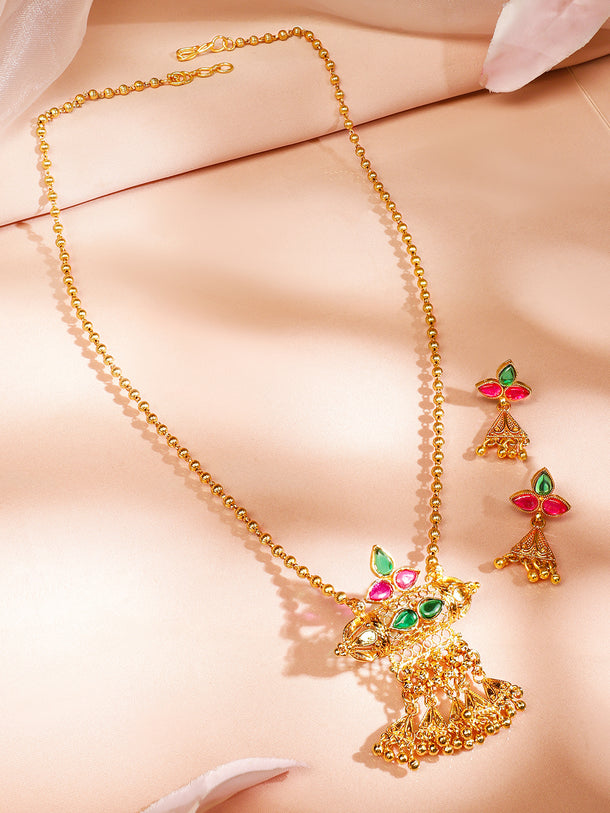 Pink & Green Studded Gold Drops Necklace Set