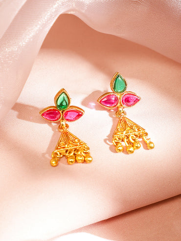 Rubans 18K Gold-Plated Ruby Pink & Emerald Green Studded Temple Design Necklace Set with Golden Bead Accents for Women