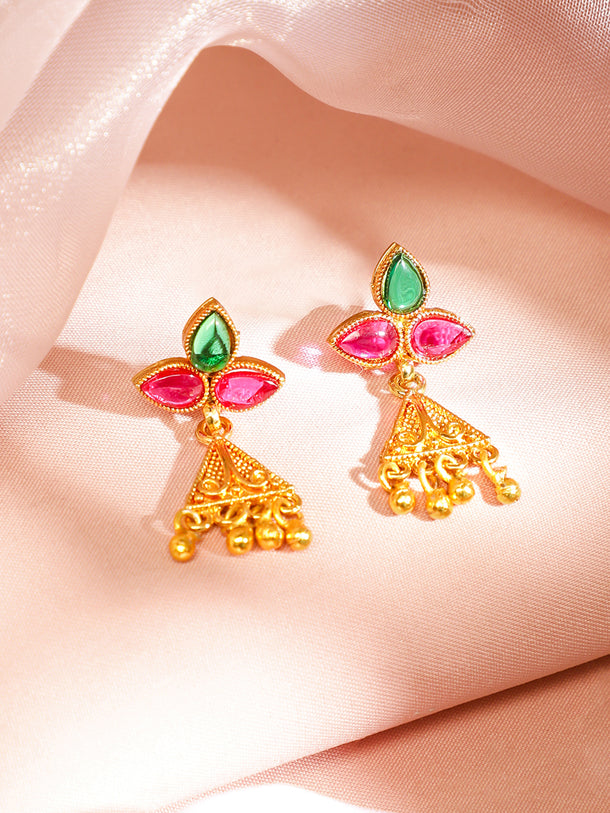 Pink & Green Studded Gold Drops Necklace Set