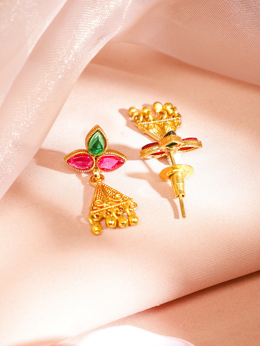 Rubans 18K Gold-Plated Ruby Pink & Emerald Green Studded Temple Design Necklace Set with Golden Bead Accents for Women