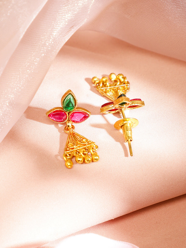 Pink & Green Studded Gold Drops Necklace Set