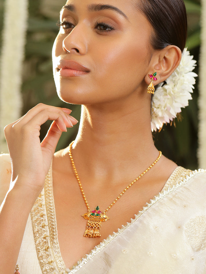 Rubans 18K Gold-Plated Ruby Pink & Emerald Green Studded Temple Design Necklace Set with Golden Bead Accents for Women