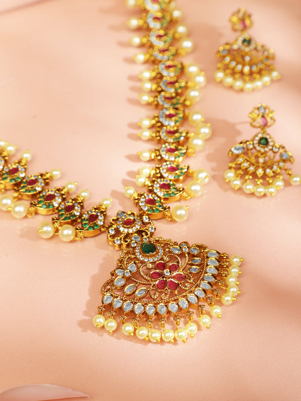 Multicolor American Diamond Zirconia Pearl Necklace Set