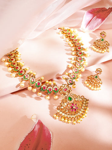 Multicolor American Diamond Zirconia Studded Pearl Necklace Set