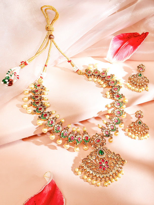 Multicolor American Diamond Zirconia Studded Pearl Necklace Set