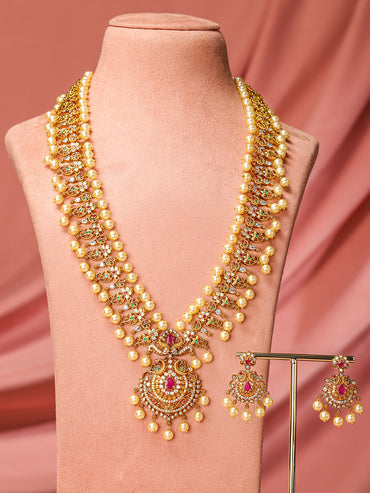 American Diamond Zirconia Necklace Set with Pearl Detailing