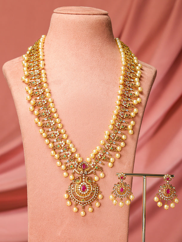 American Diamond Zirconia Necklace Set with Pearl Detailing