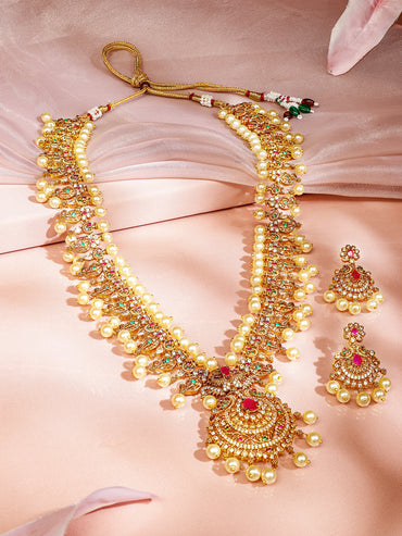 American Diamond Zirconia Necklace Set with Pearl Detailing