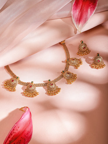 Rubans 18K Gold-Plated Ruby & Emerald Studded Temple Motif Gold Beaded Necklace Set for Women