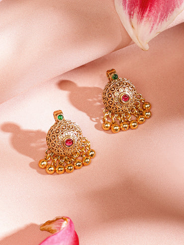 Rubans 18K Gold-Plated Ruby & Emerald Studded Temple Motif Gold Beaded Necklace Set for Women