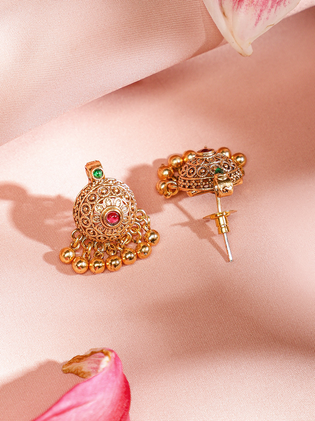 Rubans 18K Gold-Plated Ruby & Emerald Studded Temple Motif Gold Beaded Necklace Set for Women