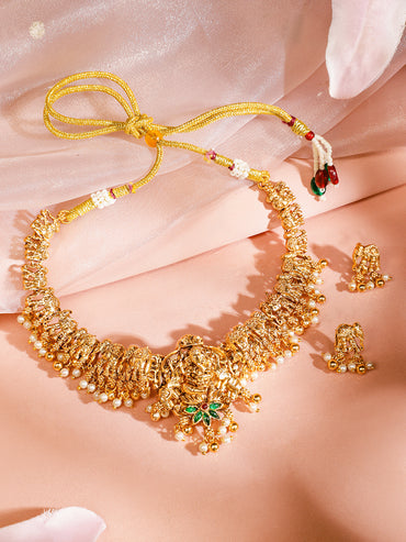 Rubans 22K Gold-Plated Ruby Emerald & Pearl Beaded Divine Ganesh Temple Necklace Set for Women