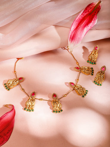 Pink & Green Peacock Motif Golden Necklace Set