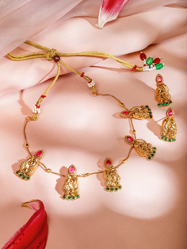 Pink & Green Peacock Motif Golden Necklace Set