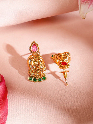 Pink & Green Peacock Motif Golden Necklace Set