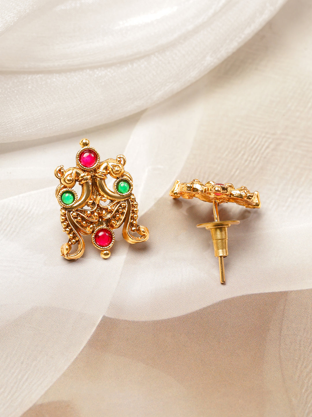 Red & Green Studded Gold Necklace Set