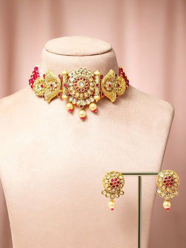 Golden choker Set with Ruby & Pearl Detailing