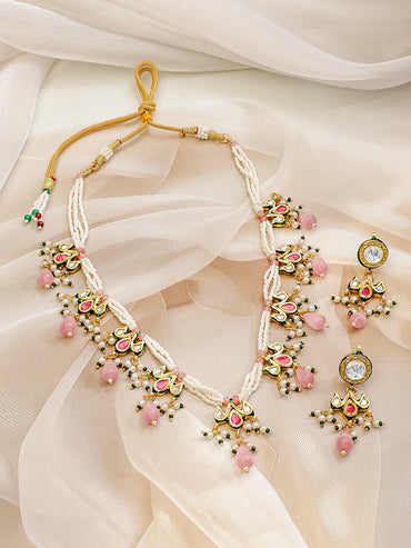 Dreamy Pink Kundan Pearl Necklace Set