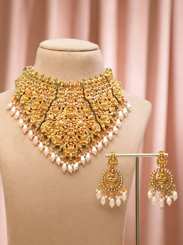 Laxmi Motif Necklace Set with Pearl Drops