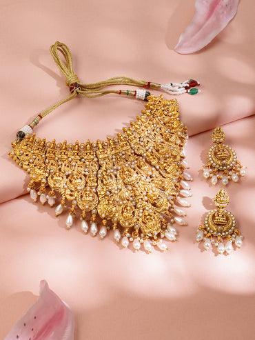Laxmi Motif Necklace Set with Pearl Drops