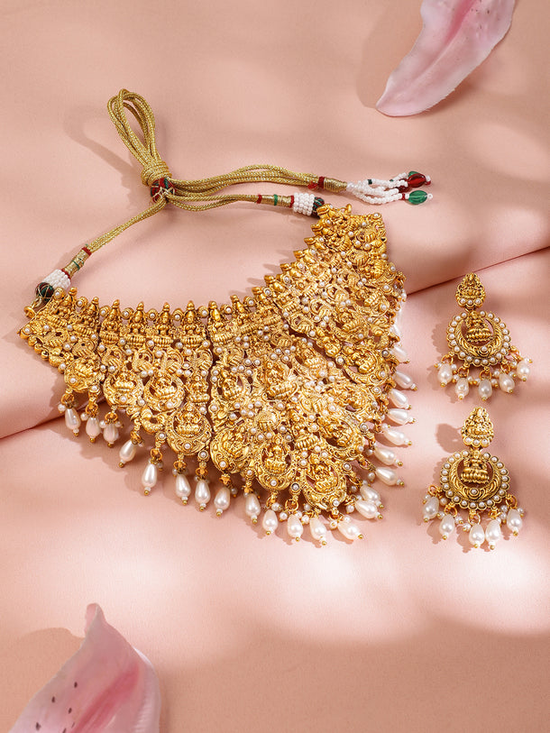 Laxmi Motif Necklace Set with Pearl Drops