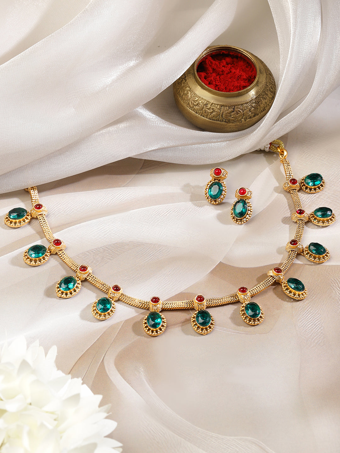 Green & Red Studded Gold Necklace Set